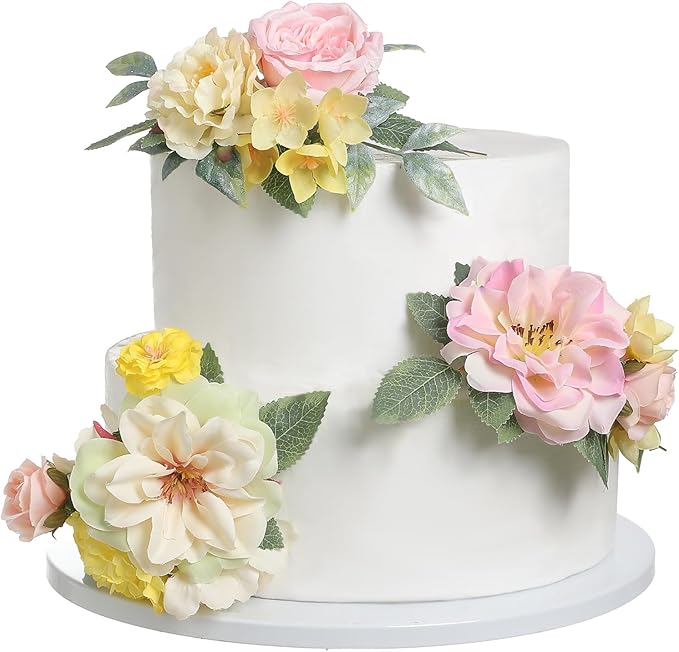 Cake Toppers Flowers,3 Pieces Hand-made Silk Flowers Cake Decorations for Birthday Baby Shower Wedding Valentine's Day Celebration Boho Party Supplies (Pink Yellow)