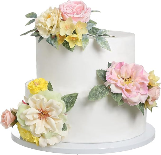 Cake Toppers Flowers,3 Pieces Hand-made Silk Flowers Cake Decorations for Birthday Baby Shower Wedding Valentine's Day Celebration Boho Party Supplies (Pink Yellow)