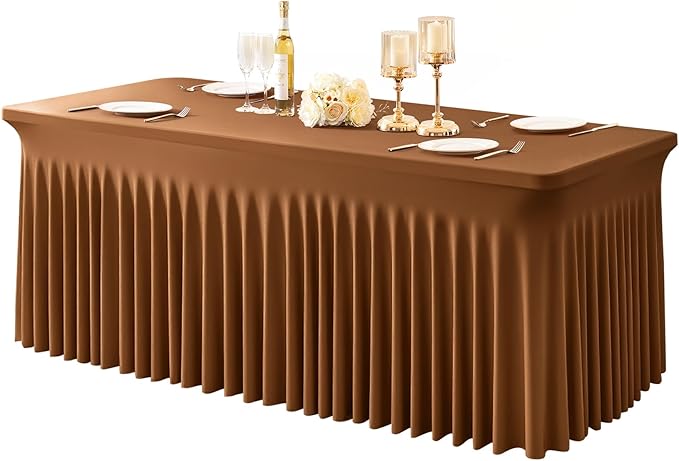 1 Pack Brown Table Clothes for 8 Foot Rectangle Tables, One-Piece Wrinkle Resistant Stretch Spandex Table Covers with Skirt for Event Banquet Wedding Birthday Party
