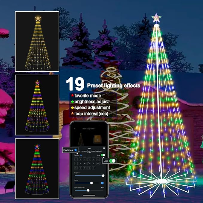 9FT 444LEDS Outdoor Christmas Tree Lights, Smart Cone Tall Pop Up with Star, Timer, Waterproof, APP & Remote, Music Sync, Multicolor/WarmWhite, Outside Xmas Yard Porch Decor