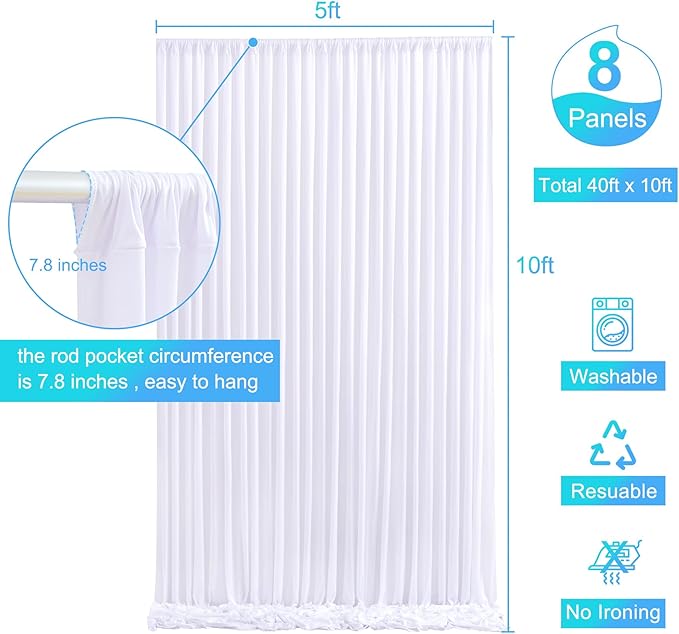 8 Panels White Backdrop Curtain for Parties Wedding Wrinkle Free White Photo Curtains Backdrops Drapes Fabric Decoration for Baby Shower Birthday Party 40ft(W) x 10ft(H)