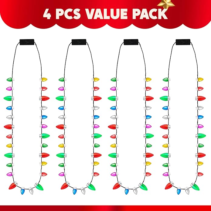 JOYIN Christmas LED Mini Bulb Necklaces, Xmas Necklace with 3 Lighting Modes, Xmas Bulb Necklaces for Xmas Party Supplies