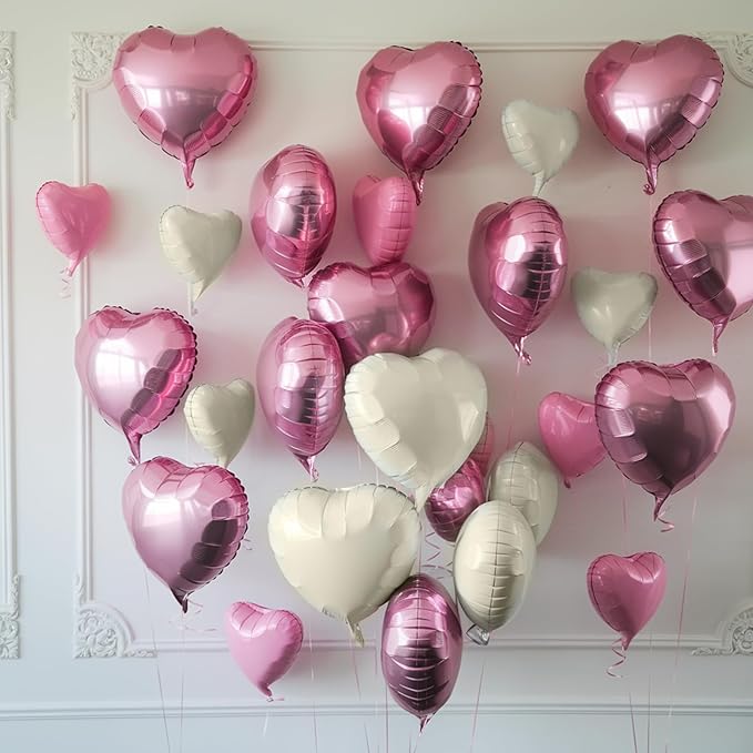 Pink White Heart Balloons, 19PCS Nude White and Pink Heart Shape Balloon, 18Inch with 10Inch Sand Helium Foil Love Balloon for Birthday Baby Shower Bridal Wedding Party Decorations