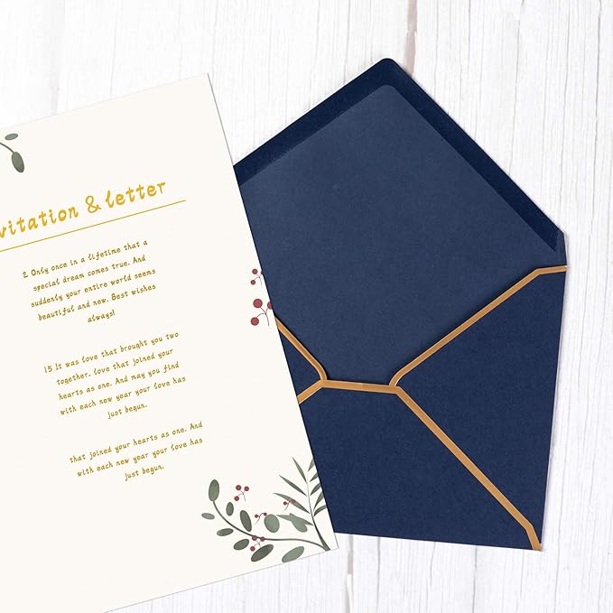 100 Pack Navy Blue A7 Envelopes 5 x 7 Card Envelopes V Flap with Gold Border for Office, Wedding Gift Cards, Invitations, Graduation, Baby Shower, Parties (5.32 x 7.28 Inches, Navy Blue)