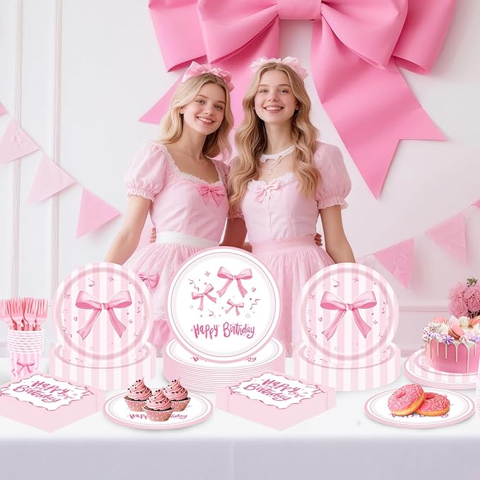 REDWORD Pink Bow Birthday Decorations, 120Pcs Bow Party Tableware Plates Napkins Cups for Pink Birthday Girls Bachelorette Party Decorations-Serves 24