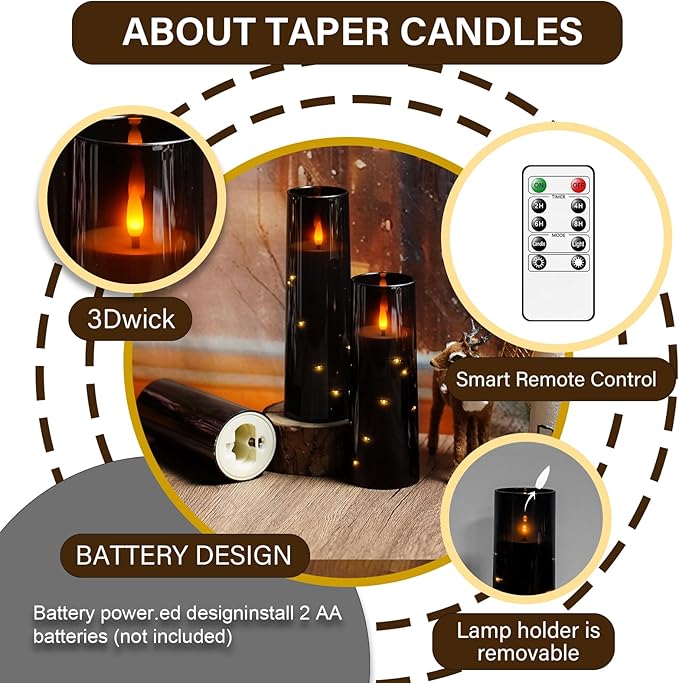 Flameless LED Candles with Timer 5 Pc Flickering Flameless Candles for Romantic Ambiance and Home Decoration Stable Acrylic Shell,with Embedded Star String,Battery Operated Candles（Black）