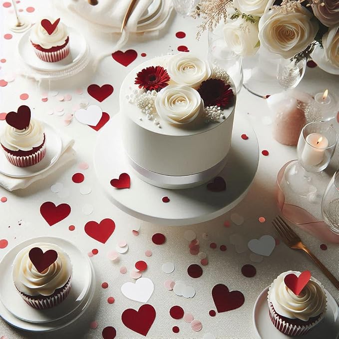 White Red Burgundy Party Decorations - 300Pcs Paper Heart Confetti Engagement Mother's Day Wedding Anniversary Romantic Bridal Shower Birthday Party Valentine Galentines Day Table Decor HongTongTong