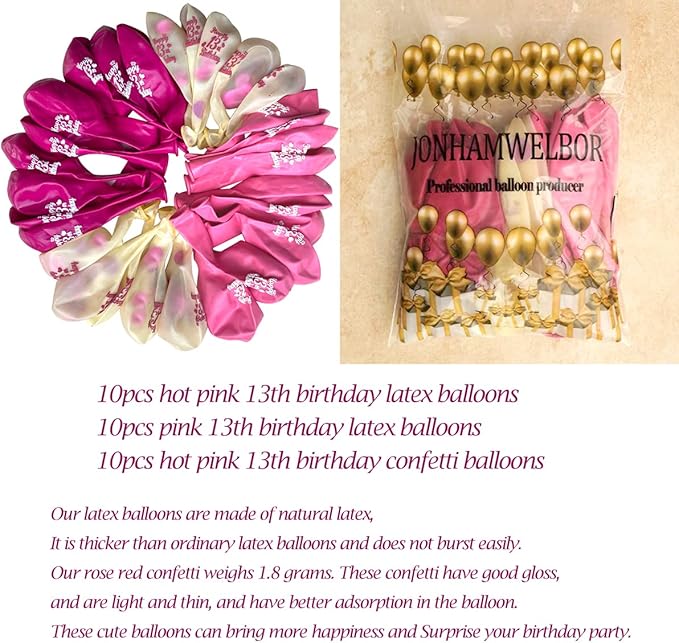 JONHAMWELBOR Happy 13th Birthday Latex Balloons Sweet 13th Birthday Decorations for Girls, 30Pcs Hot Pink and Pink 13 birthday Balloons