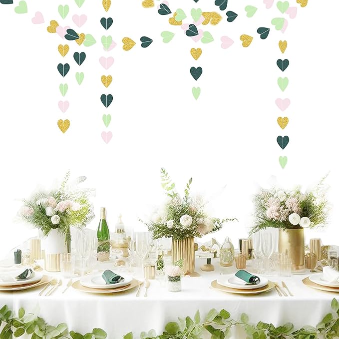 Sage-Green Pink Gold Party-Decorations - Paper Heart Garland Streamers Woodland Theme Baby Shower Bridal Shower Birthday Decoration Wedding Bachelorette Engagement Hanging Decor HongTongTong