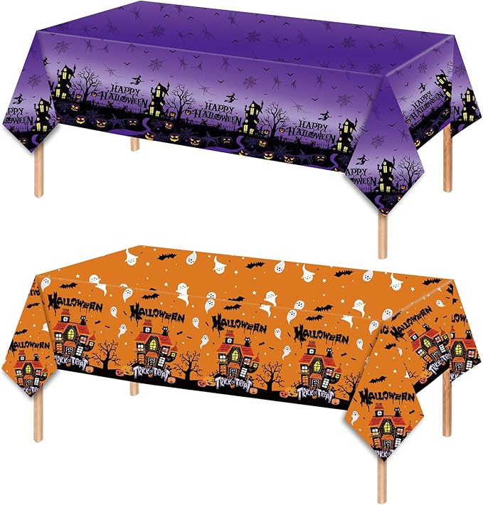 2 PCS Halloween Tablecloth Disposable Plastic - Spooky Plastic Table Cloths Purple Black & Orange Black with Scary Bat Ghost House Spiderweb Rectangular Table Cover for Party Decorations, 54"x108"
