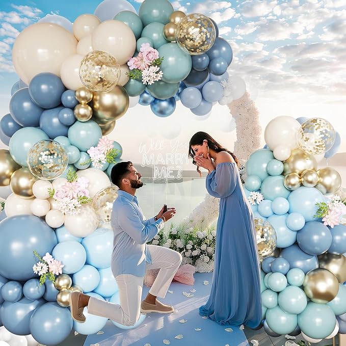 Dusty Blue Balloon Arch Kit, 148Pcs Retro Blue Macaron Blue Dusty Blue White Sand Gold Confetti Balloons for Baby Bridal Shower Wedding Engagement Birthday Party Decorations