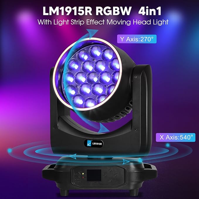 Big Dipper LED Moving Head Lights 19X15W Stage Lighting with Zoom/Wash/Beam Lights, RGBW Uplight Moving Head Light with RDM & DMX Moving Head DJ Light for Nightclub Professional Event Bars
