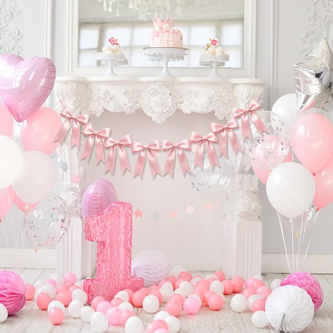 1 String of 8PCS Pink Bow Garland Banner Decoration,Pre-Strung Satin Ribbon Ornaments for Birthday,Bachelorette Party,Bridal Shower,Wedding,Engagement,Baby Shower,Graduation Decor,Anniversary