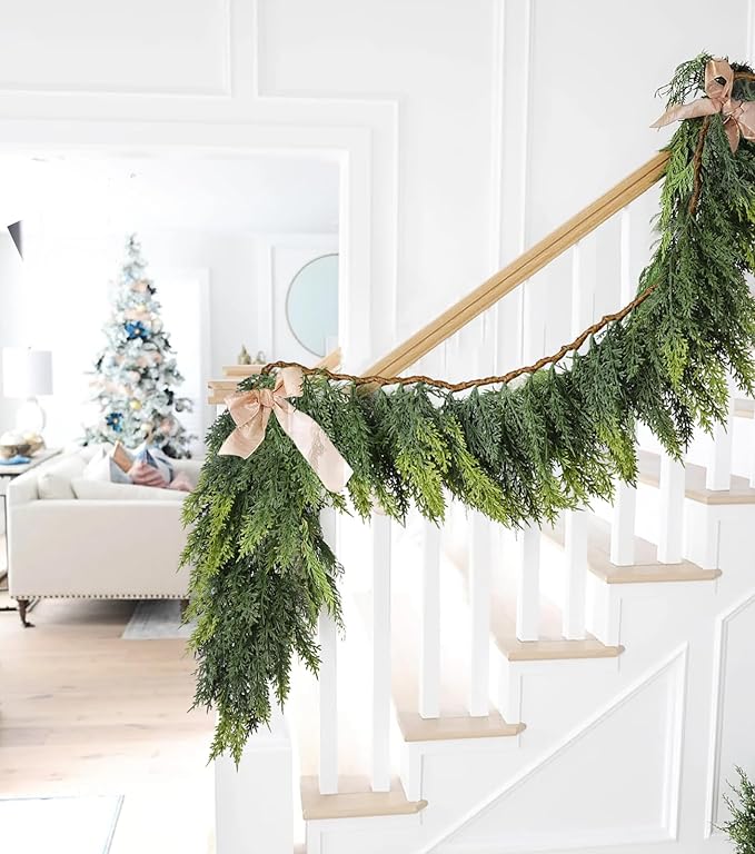 Artificial Christmas Cedar Garland, 6 Ft Realistic Cypress Pine Greenery for Indoor Outdoor Holiday Decoration, Mantel, Fireplace