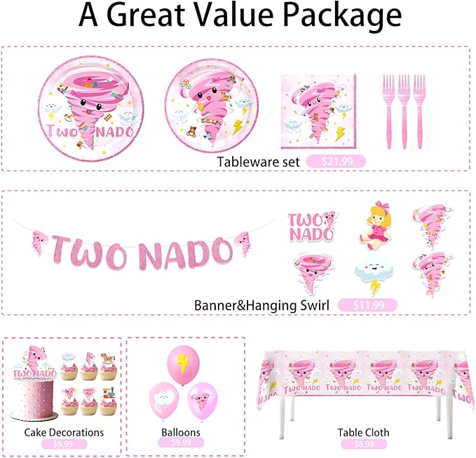 132PCS Pink Tornado Party Supplies Birthday Decorations for Girls Tornado 2nd Disposable Plates Napkins Set, Banner, Hanging Swirls, Tablecloth, Cake Topper, Balloon,Tornado 2nd 2 Year Old Baby Shower