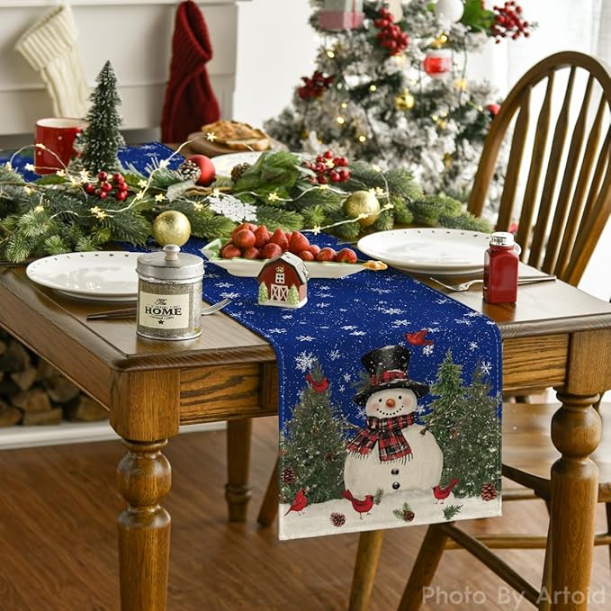 Artoid Mode Snowman Birds Trees Christmas Table Runner, Seasonal Blue Winter Holiday Kitchen Dining Table Decoration for Indoor Outdoor Home Party Decor 13 x 72 Inch
