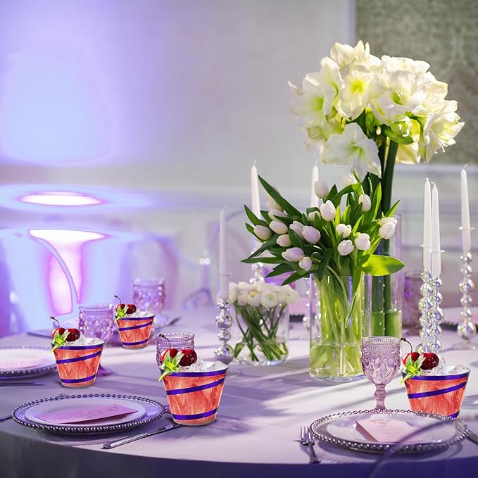 Gejoy 9 oz Rimmed Swirl Plastic Cups Disposable Wine Drinking Cups Clear Elegant Halloween Tumblers for Christmas Party Supplies(Purple,100 Pcs)