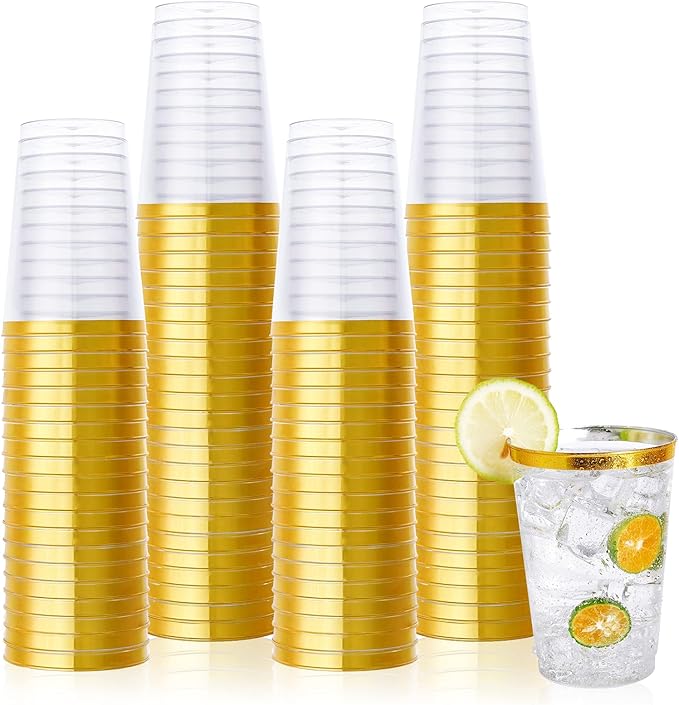 Vplus 150 Pack 12 OZ Reusable Gold Rimmed Clear Plastic Cups, Disposable Heavy Duty Plastic Cups Perfect for Party Christmas Wedding
