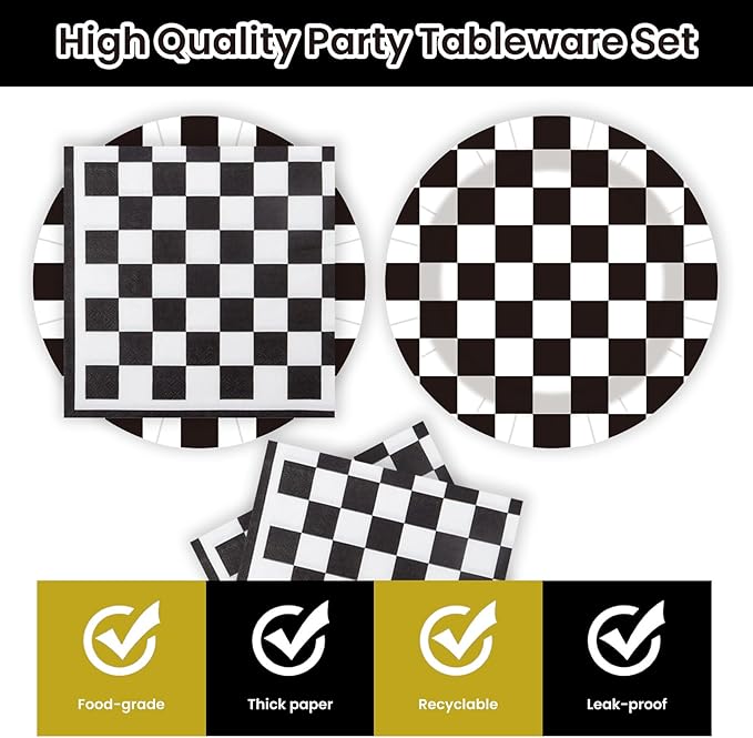 40Pcs Race Car Party Supplies Paper Plates and Napkins, 9 Inch Disposable Black White Checkered Flag Plates and Napkins for Race Car Birthday Party Decorations (Checkered)