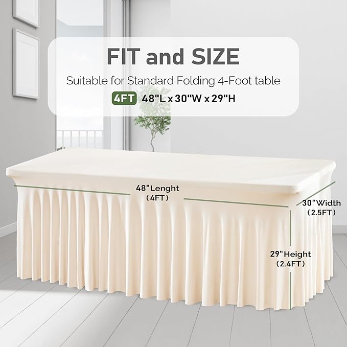 1 Pack Ivory Table Clothes for 4 Foot Rectangle Tables, One-Piece Wrinkle Resistant Stretch Spandex Table Covers with Skirt for Event Banquet Wedding Birthday Party