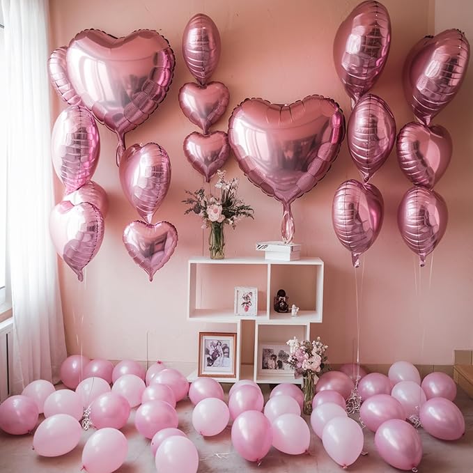 Pink Heart Balloons, 19PCS Pink Heart Shape Balloons, 18Inch with 10Inch Pink Helium Foil Heart Balloon Love Balloon for Girls Birthday Marriage Wedding Engagement Party Anniversary Decoration