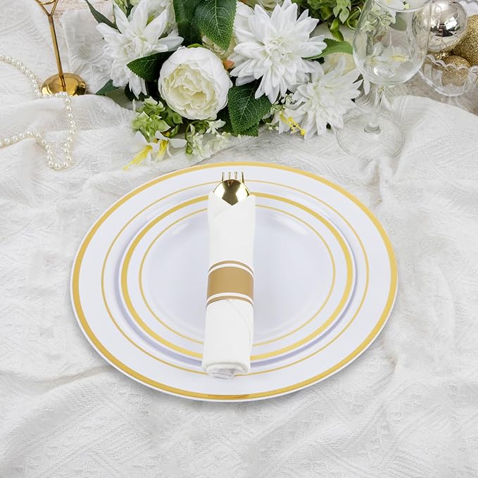 M MCIRCO 175 Piece Gold Dinnerware Set - 50 Plastic Plates, 25 Cups, 25 Pre Rolled Napkins with Plastic Silverware, Disposable Gold Dinnerware Set for 25 Guest