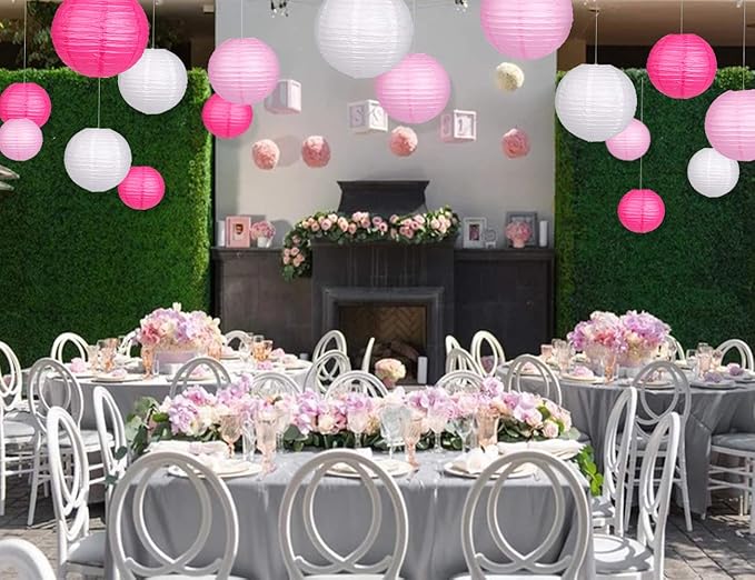 24pcs Hanging Round Paper Lanterns for Wedding Birthday Party Baby Showers Decoration Pink/White