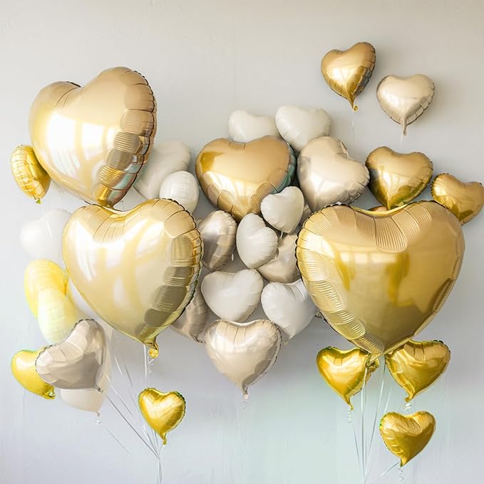 Champagne Gold Cream Heart Balloons, 19PCS Light Gold Heart Shape Balloons, 18Inch with 10Inch Beige Foil Heart Balloon for Birthday Marriage Wedding Bridal Party Anniversary Decoration