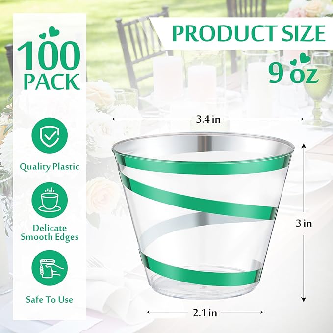 Gejoy 9 oz Rimmed Swirl Plastic Cups Disposable Wine Drinking Cups Clear Elegant Halloween Tumblers for Christmas Party Supplies(Dark Green,100 Pcs)