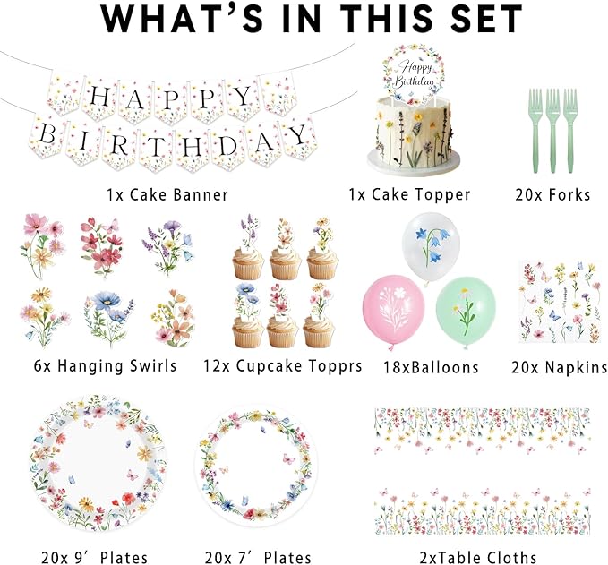 143PCS Spring Wildflower Party Supplies Birthday Decorations Plates Napkins Set, Banner, Hanging Swirls, Tablecloth, Cake Topper, Balloon,Floral Baby Shower, Serves 20