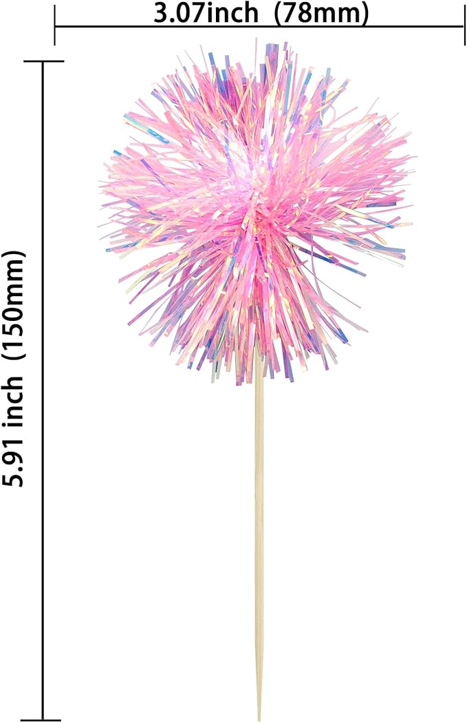 Ephlyn 30Pcs Foil Firework Cupcake Toppers Sparkle Tinsel Cupcake Picks Happy Birthday Cake Toppers Drink Cocktail Food Fruit Toothpicks for Baby Shower Birthday Party Supplies Pink