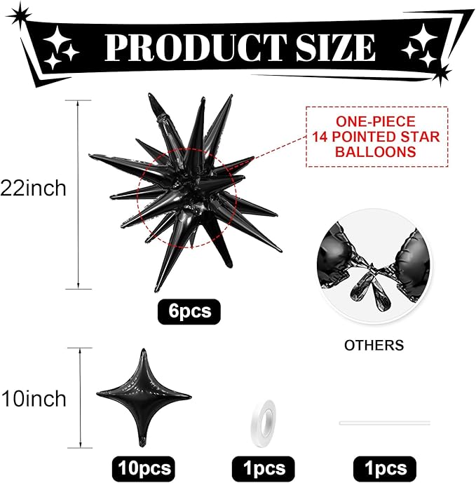 Black Star Balloon,6Pcs 22Inch Explosion Star Balloons and 10Pcs 10Inch Four Angle Balloons Kit for Birthday Halloween Anniversary Baby Shower Wedding Party Decorations