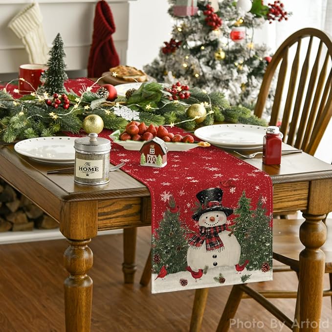 Artoid Mode Snowman Christmas Birds Trees Table Runner, Seasonal Winter Xmas Holiday Kitchen Dining Table Decoration for Indoor Outdoor Home Party Decor 13 x 72 Inch