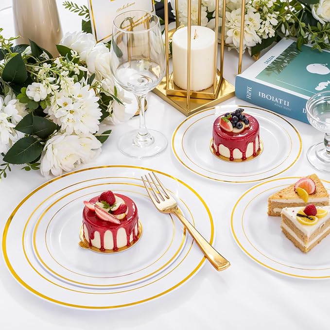 WDF300 Pieces Gold Plastic Silverware - Heavy Duty Disposable Cutlery Set Plastic Gold Silverware Set Includes 100 Forks, 100 Spoons, 100 Knives for Party/Christmas