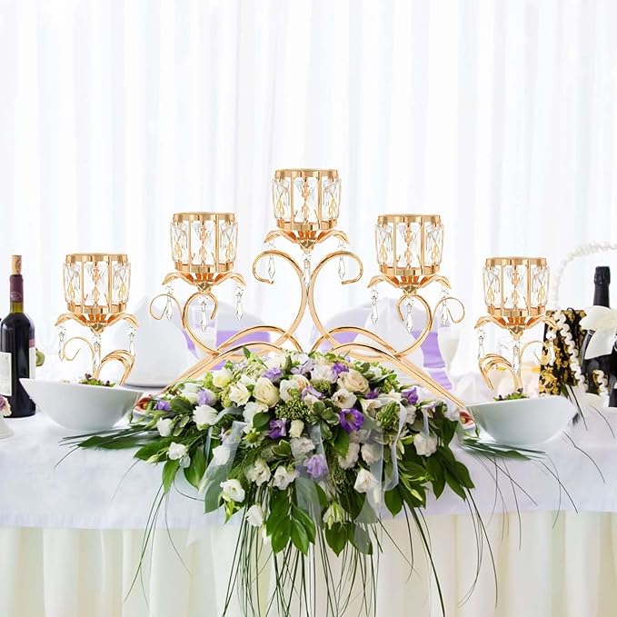 Gold 5 Arms 26.8 Inches Wide Crystal Pendant Bowl Tea Light Candle Holder, Large Bling Centerpiece Table Decorations, Metal Votive Candle Holders for Dining Table (Gold, Cup-Shaped)