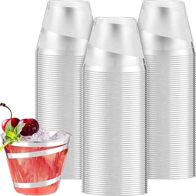 Gejoy 9 oz Rimmed Swirl Plastic Cups Disposable Wine Drinking Cups Clear Elegant Halloween Tumblers for Christmas Party Supplies(Silver,100 Pcs)