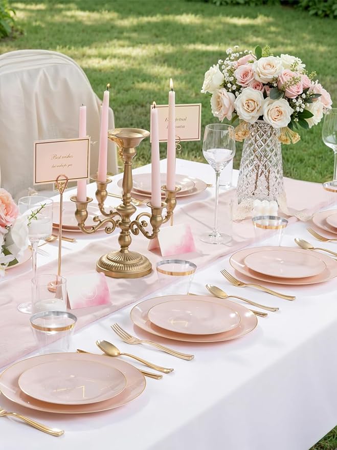 WDF 300Pcs Pink Plates Disposable - Pink and Gold Plastic Dinnerware Set for 50 Guests Include 50 Dinner & Cake Plates, 50 Disposable Cutlery, 50 9oz Cups for Wedding & Party & Baby Shower