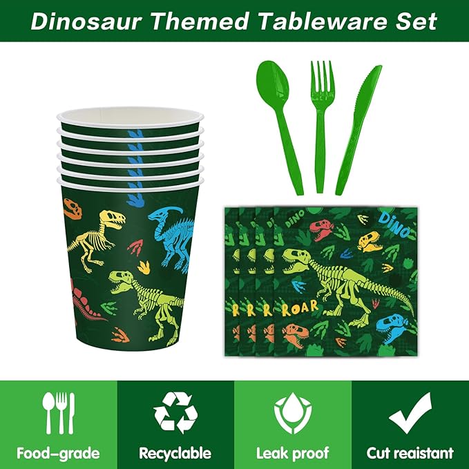 142pcs Dinosaur Party Supplies Dinosaur Theme Birthday Party Decoration Banner Includes Plates Cups Napkins Cutlery Sets, Serves 20 Guests