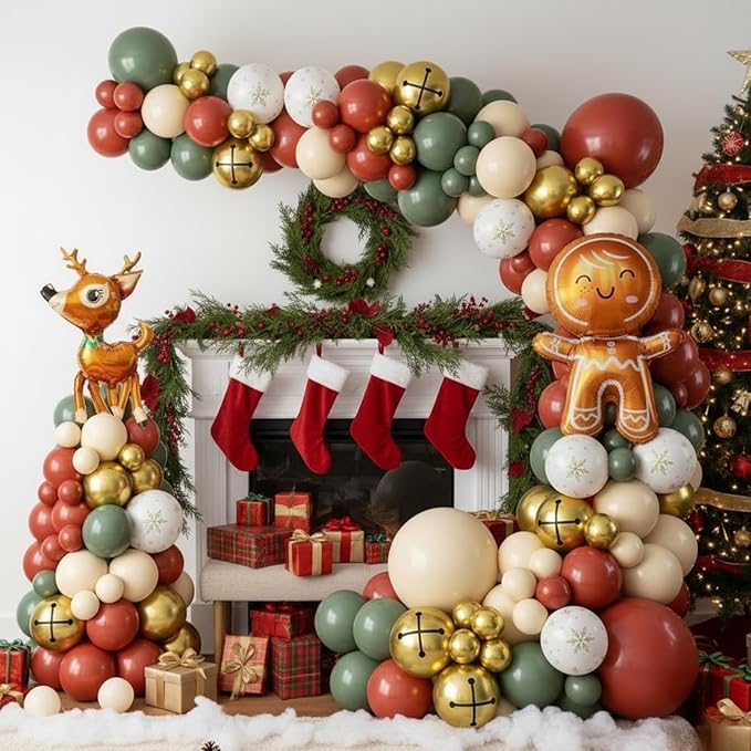 Christmas Balloon Arch Kit, Green Retro Pink Orange Sage Green Metallic Gold Balloons with Santa Candy Lollipop Foil Balloons for Christmas Party Xmas Eve New Year Holiday Party Decorations
