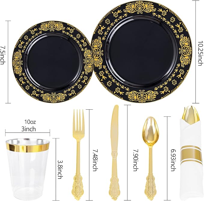 GATHER 350PCS Black and Gold Plastic Plates - Gold Disposable Dinnerware Set Include 50 Dinner Plates, 50 Dessert Plates, 150 Gold Plastic Silverware, 50 Napkins, 50 Cups for Wedding & New Year