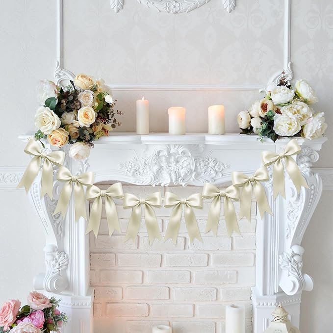 1 String of 8PCS Ivory White Bow Garland Banner Decoration,Pre-Strung Satin Ribbon Ornaments for Birthday,Bachelorette Party,Bridal Shower,Wedding,Engagement,Baby Shower,Graduation Decor,Anniversary
