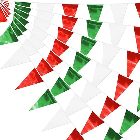 65FT White Green Red Glitter Triangle Pennant Banner Flag Metallic Bunting Fabric Garland for Christmas Italy Mexican Birthday Baby Shower Wedding Banners,New Years Winter Decor Ouruola