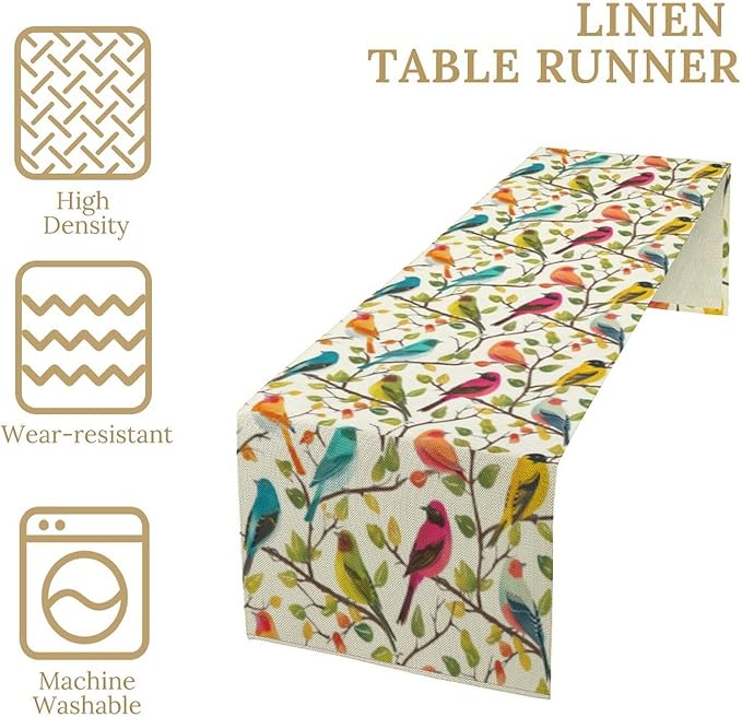 Spring Bird Floral Table Runner,Birds Table Runner Burlap Table Decoration for Seasonal Home Kitchen Dining Dinner Indoor Holiday Farmhouse Decor 13x36 Inch