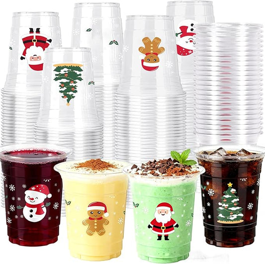 60 Pcs Christmas Cups, 16 oz Disposable Christmas Plastic Cups Snowflake Xmas Trees Santa Claus Snowman Gingerbread Man Party Cups for Winter Holiday Party Supplies