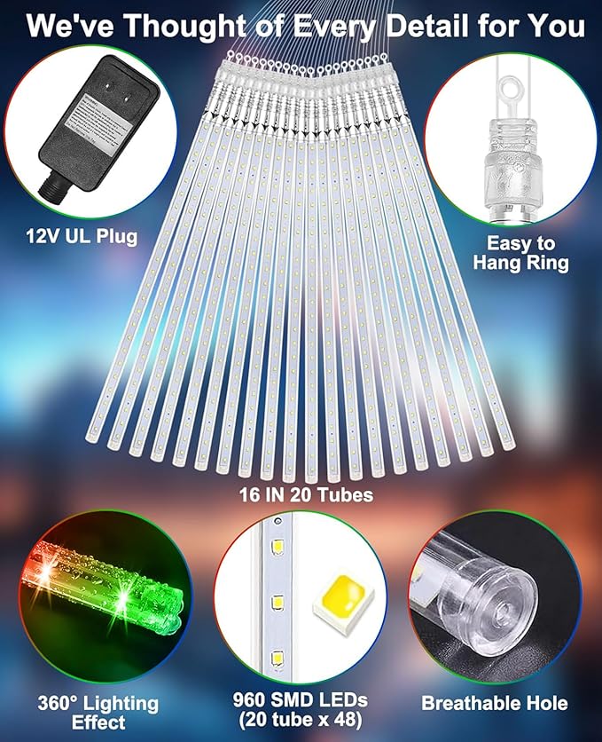 Christmas Lights Outdoor UL Certified Meteor Shower Light 16 Inch 20 Tubes 960 LED Falling Rain Drop Icicle Snow Cascading Lighting for Xmas Tree Wedding Party Garden Decoration, Colorful