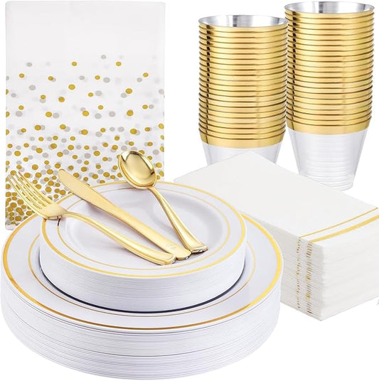 GATHER 176 Pieces Gold Dinnerware Disposable - White and Gold Plastic Plates Includes 50 Plates, 25 Plastic Silverware, 25 Napkins, 25 Cups and 1 Tablecloth for Wedding Party Christmas