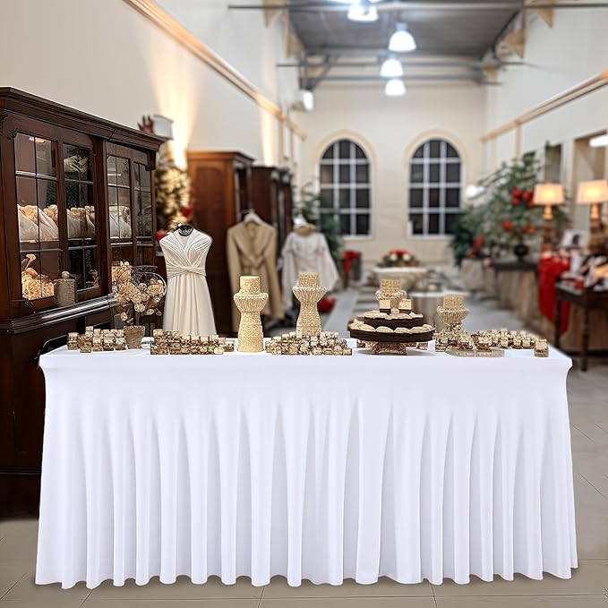 1 Pack White Table Clothes for 4 Foot Rectangle Tables, One-Piece Wrinkle Resistant Stretch Spandex Table Covers with Skirt for Event Banquet Wedding Birthday Party