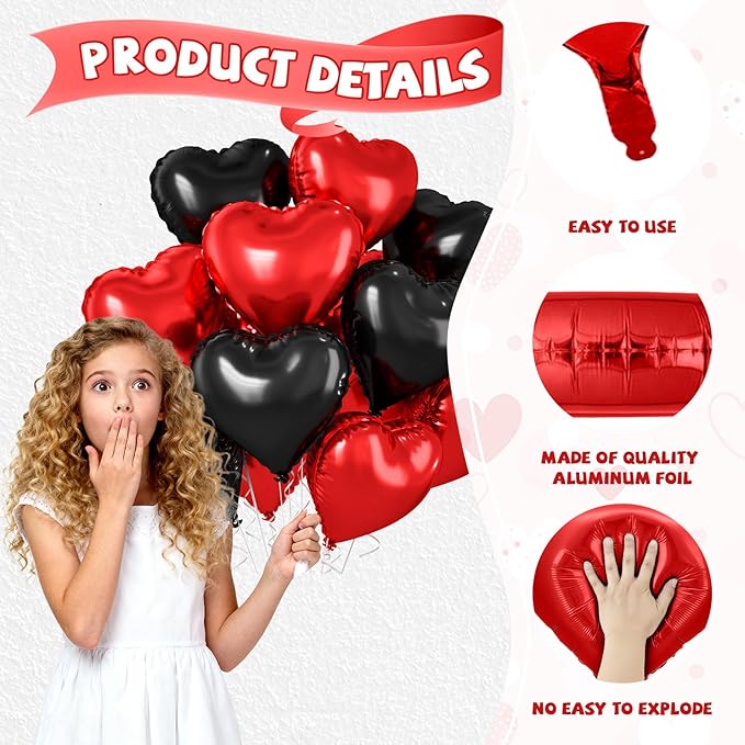 Red Black Heart Balloons, 10 Pcs Metallic Heart Shaped Balloon, 18 Inch Red and Black Foil Balloons Helium for Engagement Brithday Bridal Baby Shower Wedding Engagement Valentines Party Decorations