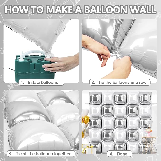 NISOCY 25PCS Metallic Silver and Pearl White Square Foil Balloons Wall Backdrop Double Sided Silver and White Balloons Arch Kit for New Year Birthday Engagement Wedding Bridal Shower Party Decorations