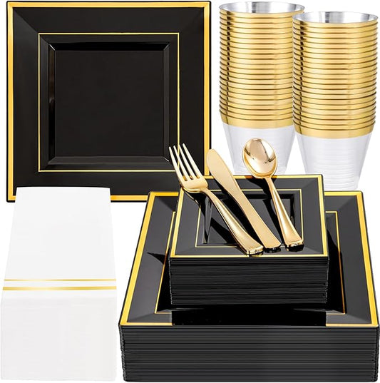 Festiva 350Pcs Black and Gold Plastic Plates-50Guests Disposable Square Black Dinnerware Set include 100 Plastic Plates,50Cups,150Plastic Cutlery,50Napkins for Halloween Party &Wedding&New Year